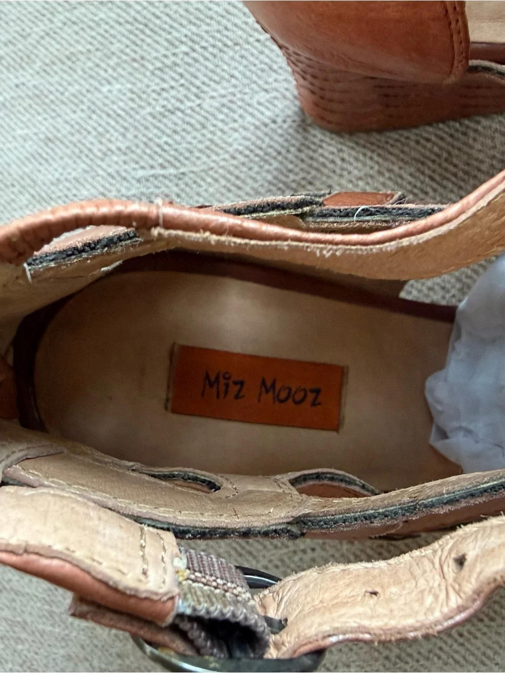 Miz Mooz Tan Cutout Leather Wedge Sandals